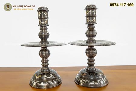 Đôi chân nến bằng đồng ngũ sắc chạm rồng phượng