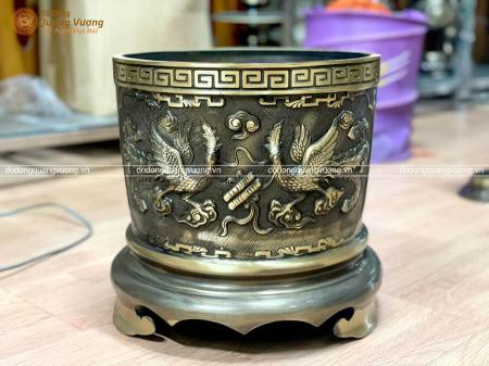 Bát hương bằng đồng chạm Rồng Phượng đường kính 30cm