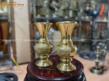 Lọ hoa bằng đồng ống loe chạm đôi hạc cao 25cm