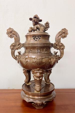 Bộ đỉnh đồng ngũ sự đúc nổi hoa sòi bằng đồng đỏ cao 60cm màu trầm cổ