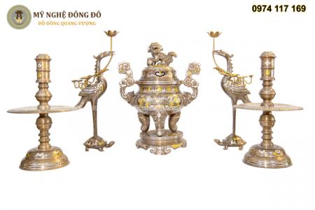 Bộ Ngũ Sự Đồng Đỏ Khảm Ngũ Sắc Đỉnh 50cm Chạm Rồng