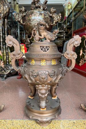Bộ Đồ Thờ Ngũ Sự - Đỉnh Song Long Đồng Đỏ 3 Chữ Vàng cao 65cm