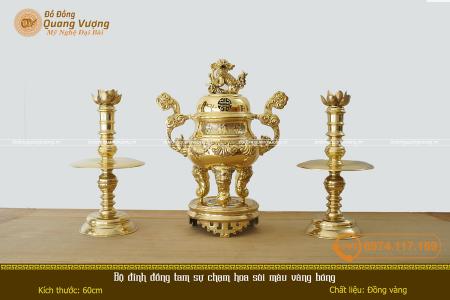 Bộ đỉnh đồng tam sự chạm hoa sòi màu vàng bóng