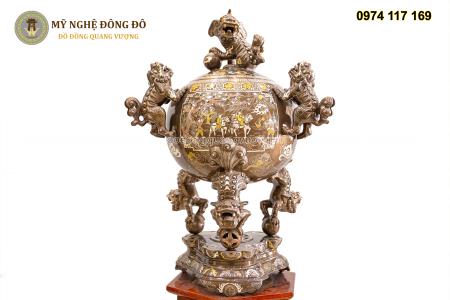 Đỉnh thất lân vờn cầu khảm ngũ sắc Vinh Quy Bái Tổ 5 chữ vàng