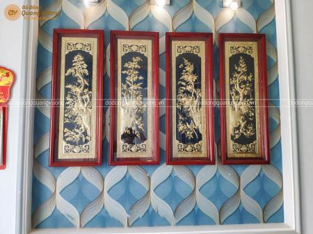 Tranh tứ quý bằng đồng khung gỗ Gõ đỏ 1m1 x 40cm