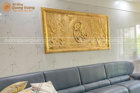 Tranh chữ Phúc tứ quý bằng đồng khung đồng liền tấm mạ vàng ta 9999 