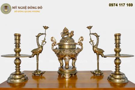 Bộ Đỉnh Đồng Đỏ Cạo Màu Khảm 5 Chữ Hán Vàng