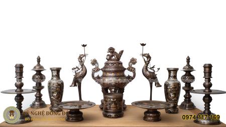 Bộ Đồ Thờ Khảm Ngũ Sắc Đỉnh - 70cm Chạm Hoa Sòi Tai Mây