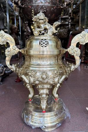 Bộ Tam Sự Đỉnh Đồng Cattut Đúc Liền Khối - Song Long Chầu Mặt Nguyệt Cao 65cm