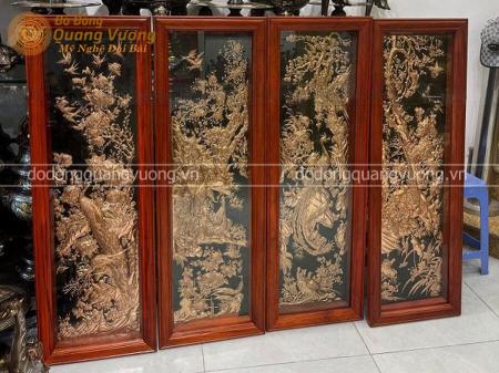 Tranh Tứ quý bằng đồng đỏ khung gỗ Hương rất độc đáo