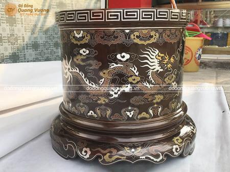 Bát hương khảm ngũ sắc Rồng Chầu Mặt Nguyệt bằng đồng đường kính 40cm