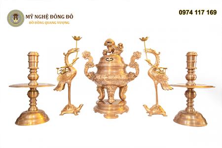 Bộ đỉnh ngũ sự đồng đỏ đúc thủ công liền khối hoa sòi tai mây