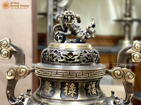 Đỉnh đồng vàng chạm Rồng nổi hun màu trầm cổ cao 60cm