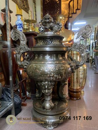 Lư hương khảm tam khí 5 chữ bạc cao 1m50