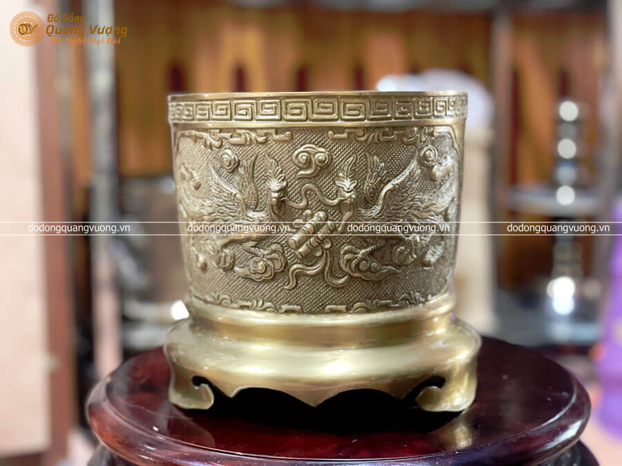 Bát hương bằng đồng vàng mộc chạm nổi Rồng Phượng đường kính 16cm