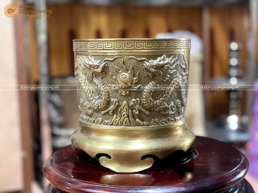 Bát hương bằng đồng vàng mộc chạm nổi Rồng Phượng đường kính 16cm