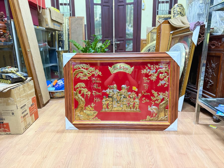 Tranh Mừng Thọ Bằng Đồng Hình Song Cụ kích thước 70cm x 110cm