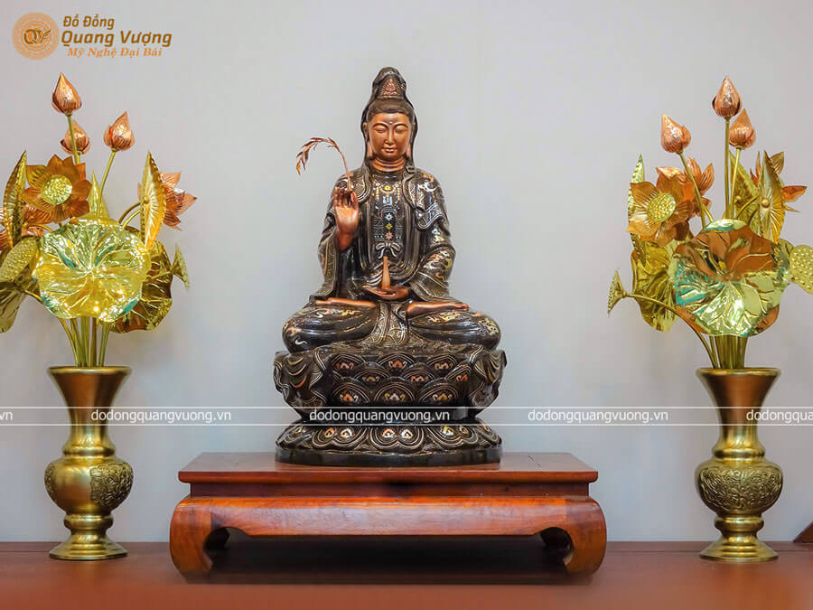 Tượng Phật Bà Quan Âm bằng đồng khảm vàng cao 61cm cực đẹp